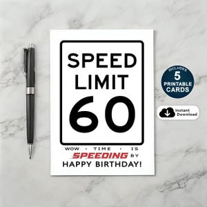 60e verjaardagskaart, verjaardagskaart snelheidslimiet, grappige 60e verjaardagskaart, afdrukbare verjaardagskaart