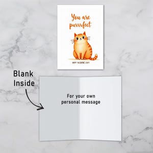 Valentine greeting card where you can write your own personal message inside. The front features a cute orange cat and the phrase You are purrrfect.
