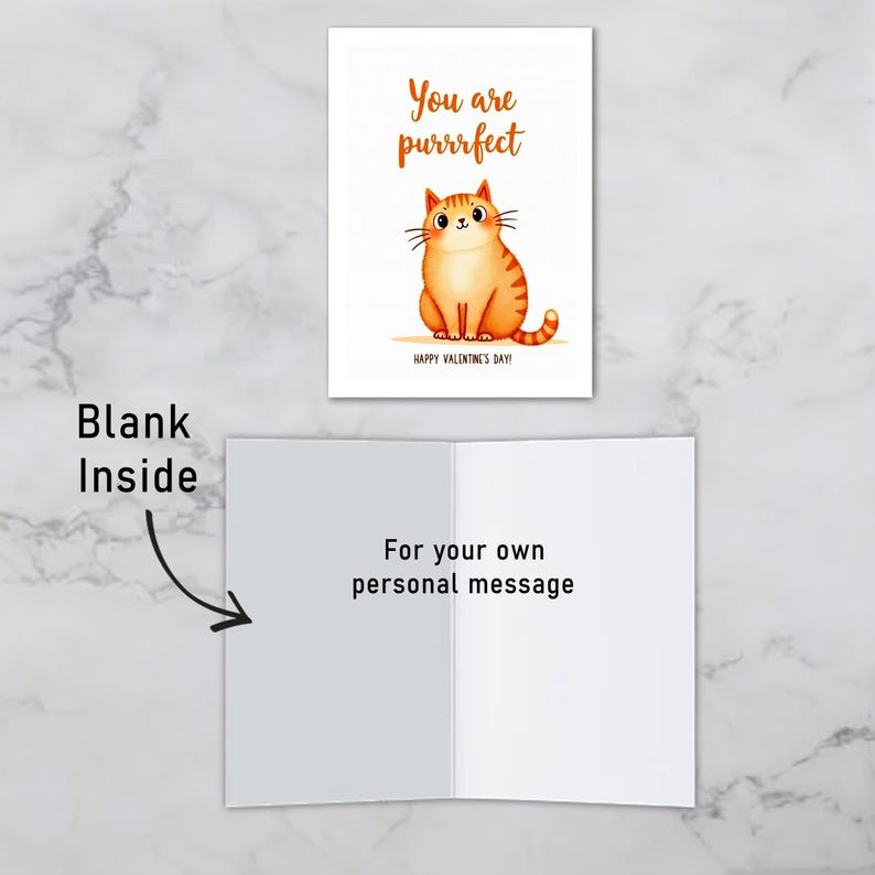 Valentine greeting card where you can write your own personal message inside. The front features a cute orange cat and the phrase You are purrrfect.