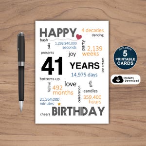 41. Geburtstagskarte, Karte für 41. Geburtstag, Printable 41. Geburtstagskarte, Sofort Download