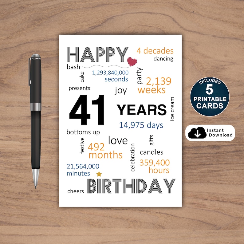 Celebrate a 41st birthday in style with our exclusive birthday card, available in five popular sizes. Instantly download and select the perfect card to send to your loved one, making their special day even more joyous.