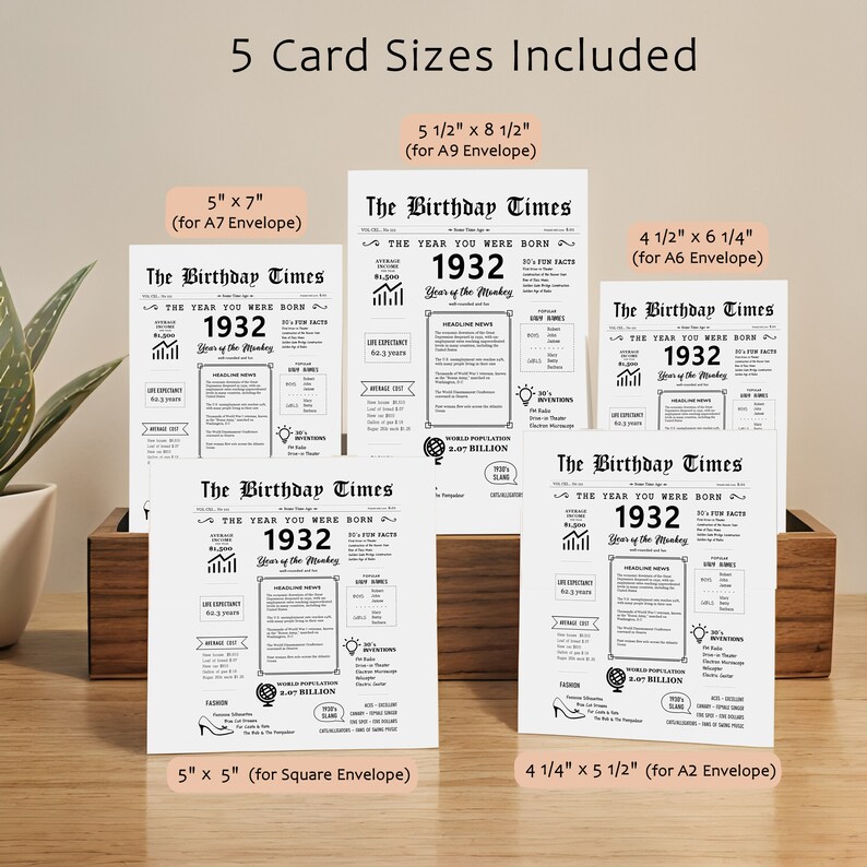 Our 1932 birthday printable card is available in the five most common birthday card sizes. Download instantly and select the perfect card to send to your loved one for a joyous 1932 birthday celebration.