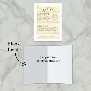 This 75th birthday card features a recipe birthday card for love, laughter, adventure, and dreams. With space to write your own personalized message inside, it’s a creative way to wish someone a happy 75th birthday