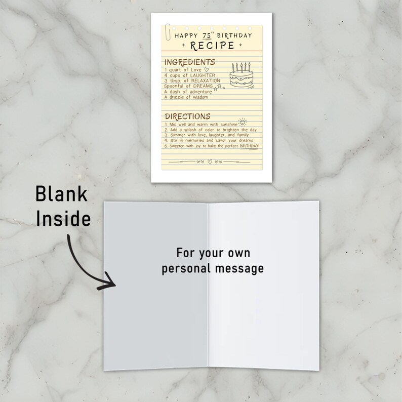 This 75th birthday card features a recipe birthday card for love, laughter, adventure, and dreams. With space to write your own personalized message inside, it’s a creative way to wish someone a happy 75th birthday