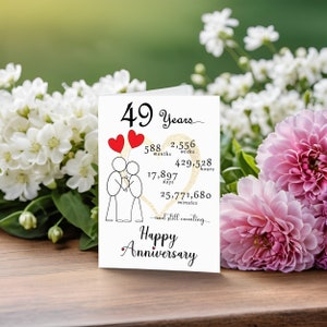 Mark your 49 year anniversary with a captivating card adorned with a gold heart, two intertwined heart balloons held by stick figures, and a backdrop of softly faded flowers, adding a touch of timeless elegance to your special day.