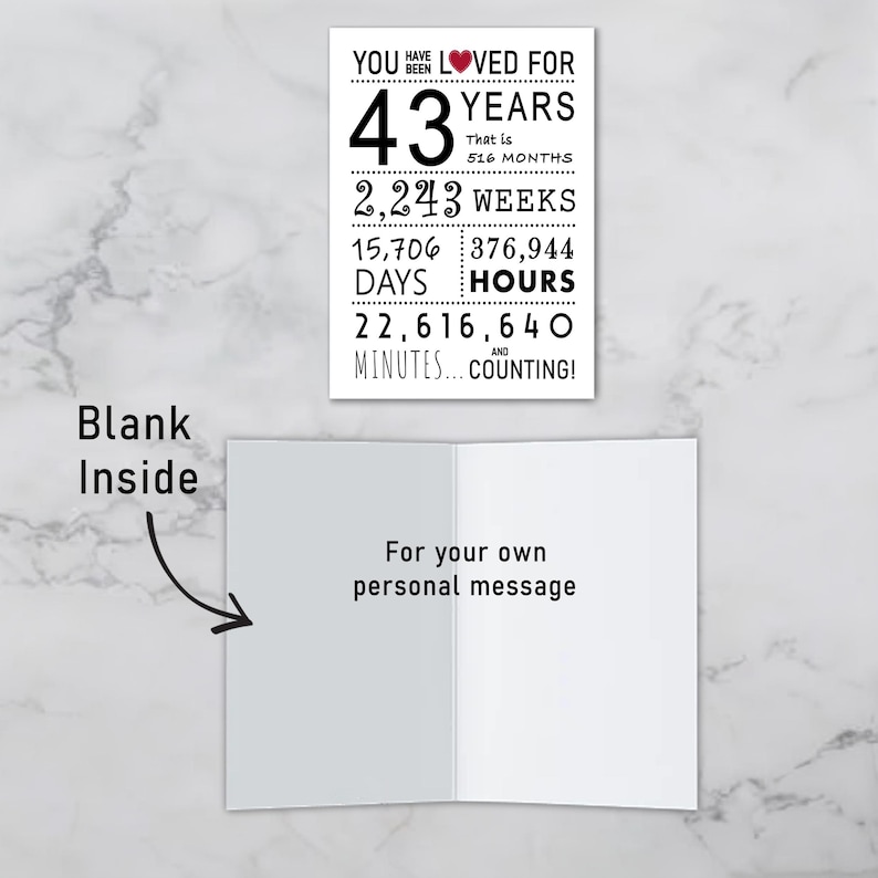 The inside of the 43rd birthday printable card is left blank, giving you the space to write a heartfelt message and add a personal touch to their special birthday.