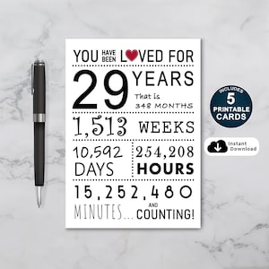 Carte d'anniversaire 29 ans, carte d'anniversaire imprimable, 29 ans que vous avez aimé, carte d'anniversaire 29 ans pour fille ou fils