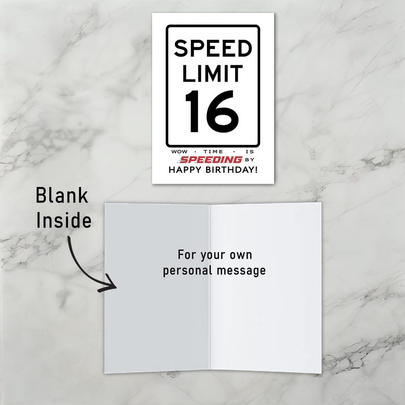 The inside of the 16th Birthday Speed Limit Card is left blank, offering you plenty of space to craft a heartfelt message and add a personal touch to their special birthday.