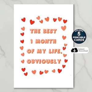 Tarjeta de aniversario de 1 mes para novia, regalo de aniversario de 1 mes para novio, tarjeta de aniversario de 1 mes, tarjeta imprimible, descarga