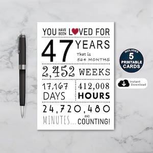Cartão de aniversário de 47 anos, cartão de aniversário para impressão, você foi amado por 47 anos, cartão de aniversário de 47 anos para ele ou ela
