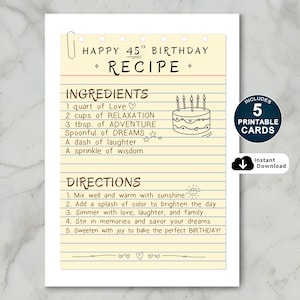 This 45th birthday card features a fun recipe for life, blending dreams, love, and relaxation, and a pinch of imagination. With steps like mixing sunshine and simmering in love, it's a creative way to wish them a 45th birthday.