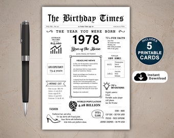 1978 Year You Were Born PRINTABLE Birthday Card, 1978 Birthday Card, 46th Birthday, Instant Download