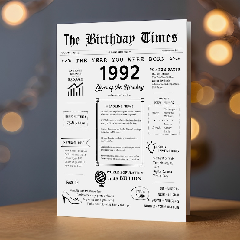 The 1992 birthday card is displayed against a backdrop of ambient lights, showcasing news, income, population, events, culture, fashion, slang, and inventions from that period.