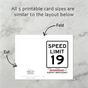 The 19th Birthday Speed Limit Card template includes clear guidelines for cutting and folding after printing. This consistent layout ensures ease of use across all 5 birthday card sizes.