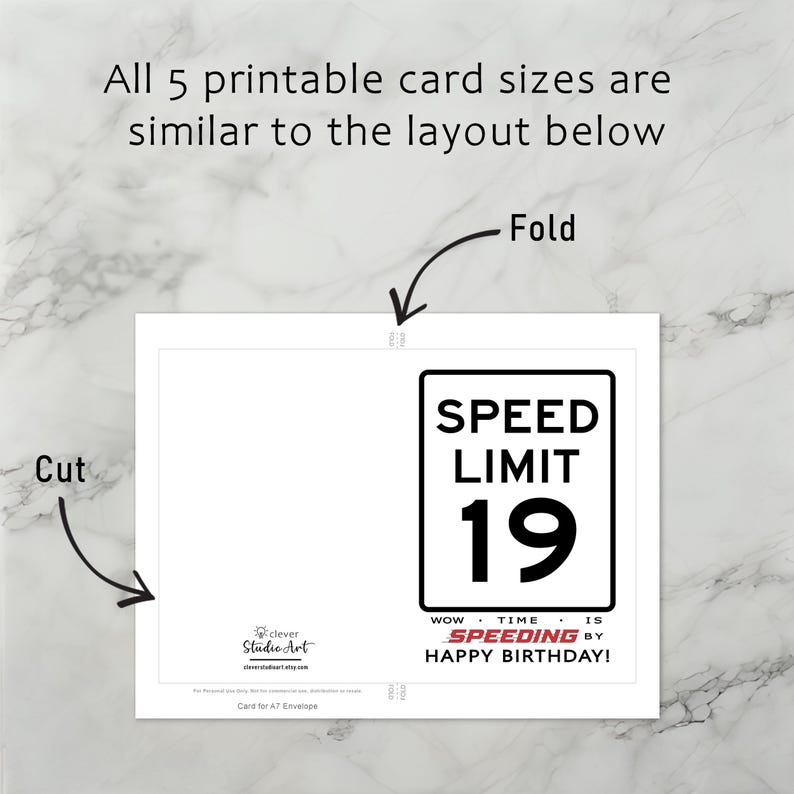 The 19th Birthday Speed Limit Card template includes clear guidelines for cutting and folding after printing. This consistent layout ensures ease of use across all 5 birthday card sizes.