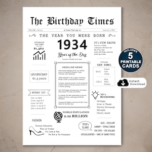 91e verjaardagskaart, geboren in 1934, afdrukbare verjaardagskaart, 91e verjaardagscadeau voor moeder, vader, oma of opa, direct download