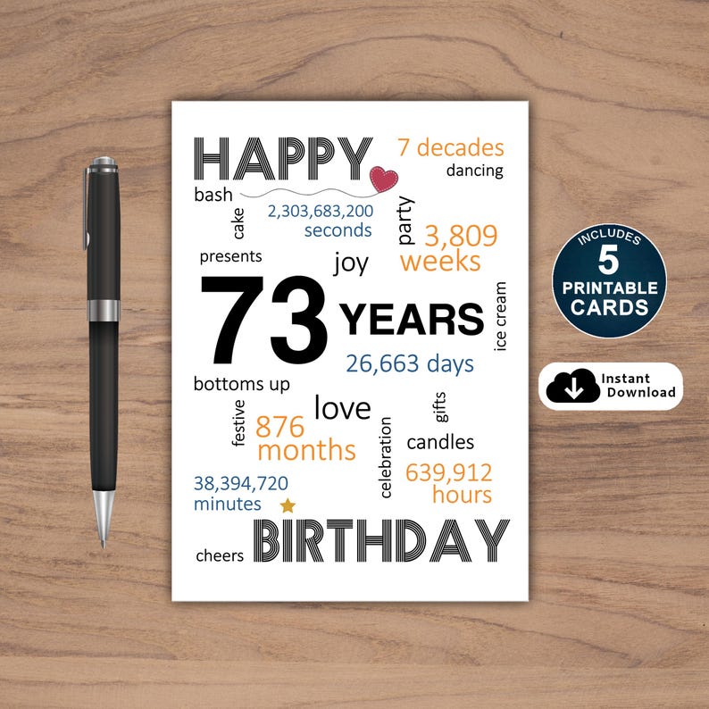 Celebrate a 73rd birthday with our exclusive birthday card, available in five popular sizes. Instantly download and choose the perfect birthday card to send to your loved one, making their special day even more memorable.