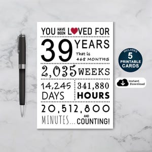 Biglietto di auguri per il 39° compleanno, biglietto di auguri stampabile, sei stato amato per 39 anni, biglietto di auguri per il 39° compleanno per lui o per lei