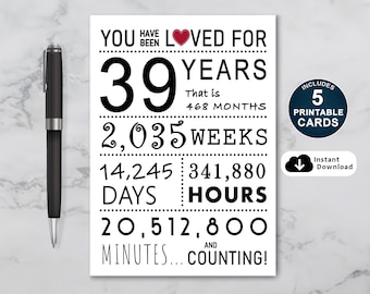 39th Birthday Card: Loved for 39 Years (Printable PDF)