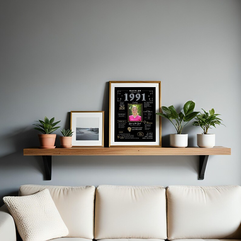 Add a touch of 1991 charm to any room with our Back in 1991 birthday printable poster. Perfect for a family room or office, its retro design draws attention and sparks conversation. Personalized with a name, birth date, and photo, it brings a meaningful and heartfelt element to your décor.