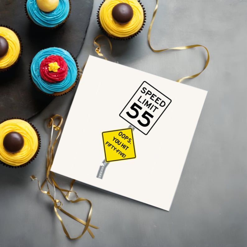 Celebrate their 55th birthday with a delightful 'Oops You Hit 55' Birthday Card, displayed next to cupcakes. This charming combination adds a memorable touch to their special day, symbolizing the start of an exciting new chapter in their life.
