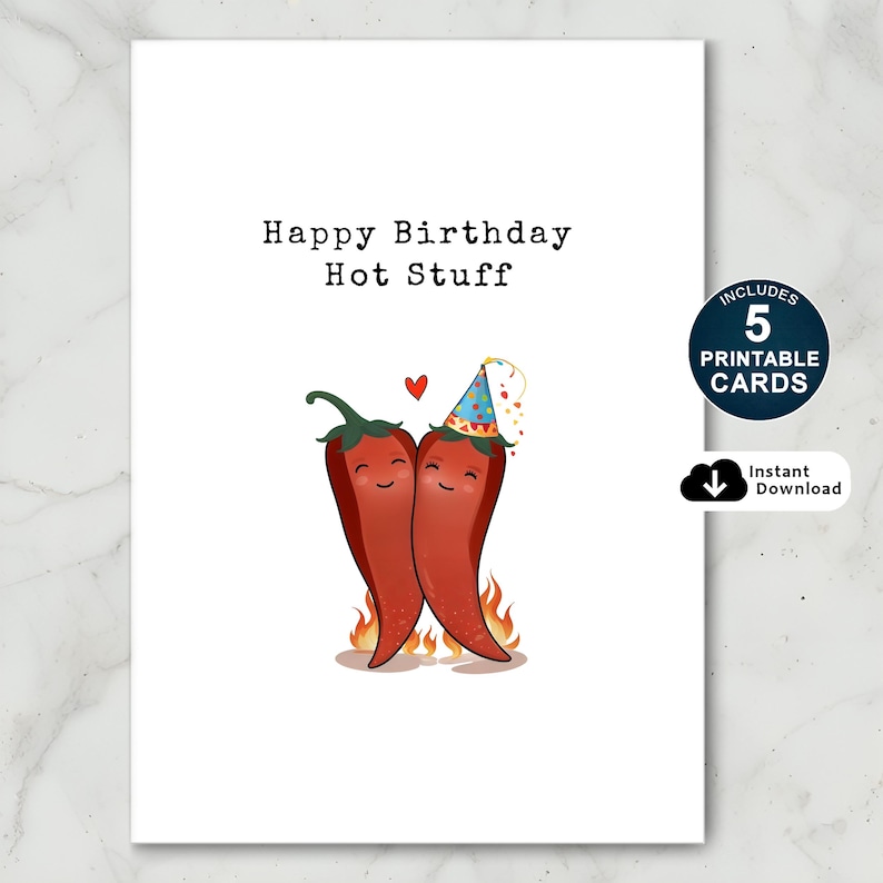 Spice up their special day with this adorable birthday card featuring two chili peppers in love holding hands! Perfect for the hot stuff in your life, this card is a fun and heartfelt way to show your love. Great for partners who brings the heat!