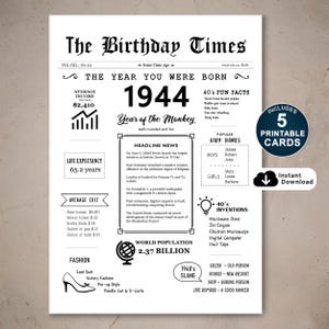 1944, année de votre naissance, carte d'anniversaire imprimable, carte d'anniversaire 1944, 81e anniversaire, téléchargement immédiat
