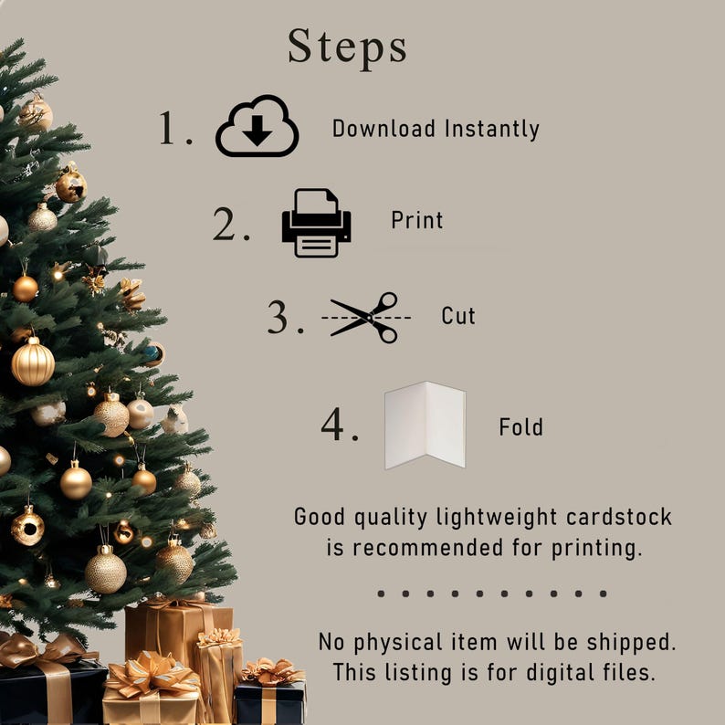 Please note: No physical item will be shipped; this listing is for digital files available for immediate download. We recommend using high-quality cardstock for printing the Christmas card.