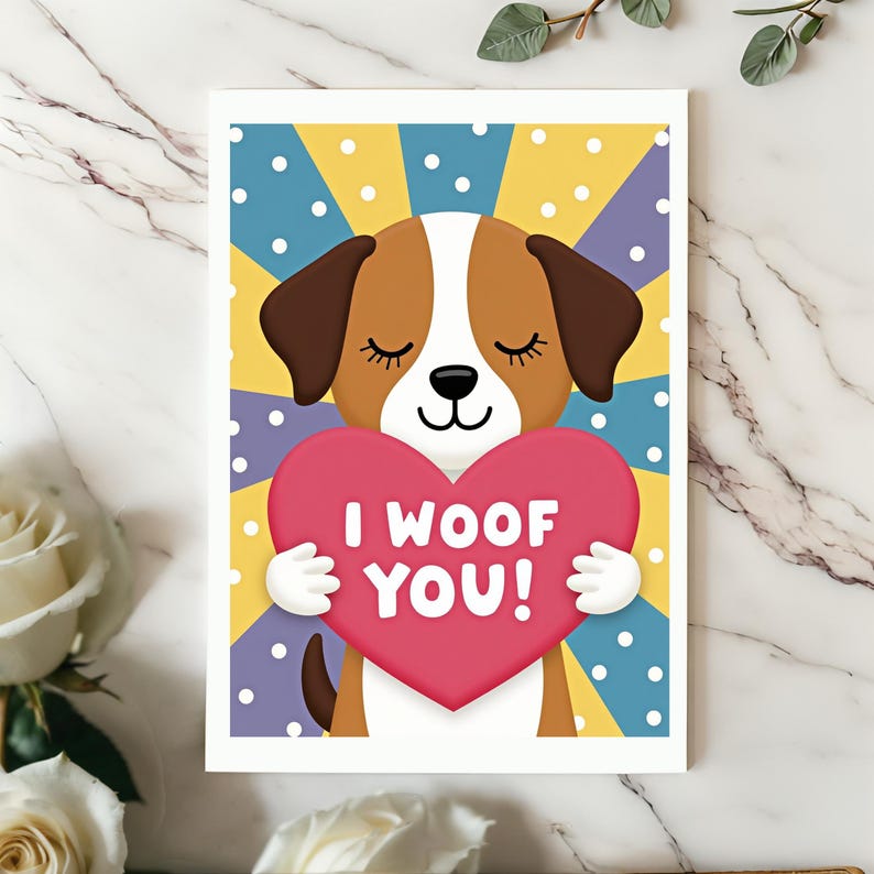Cute dog Valentine card displayed on a white surface. The card shows a brown and white puppy hugging a pink heart that reads I Woof You against a bright patterned background.