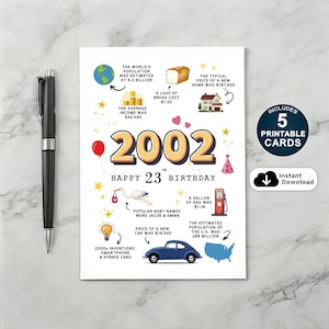 23.Geburtstagskarte 2002 zum ausdrucken, 23.Geburtstagsgeschenk für Mann, Frau, Sohn, Tochter, 2002 Fun Facts Karte, Sofort Download