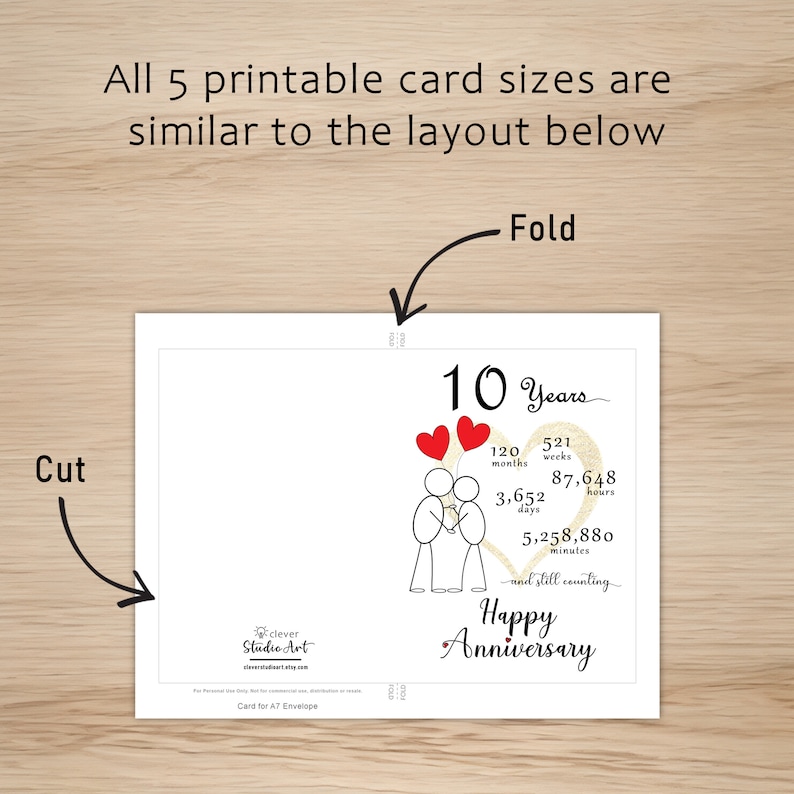 The 10 year anniversary card template offers clear guidelines for cutting and folding the card after printing. This consistent layout ensures ease of use across all 5 of the anniversary cards.