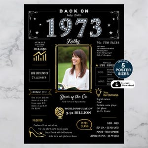 Step back in time to 1973 with our personalized birthday poster, a nostalgic keepsake that brings the year to life!
Filled with fun and fascinating facts about 1973, including average income, population stats, major events, pop culture highlights, fashion trends, popular slang, and iconic inventions, this custom poster is both memorable and meaningful. Personalize it with a name, birth date, and photo to create a truly one-of-a-kind tribute to their birth year.