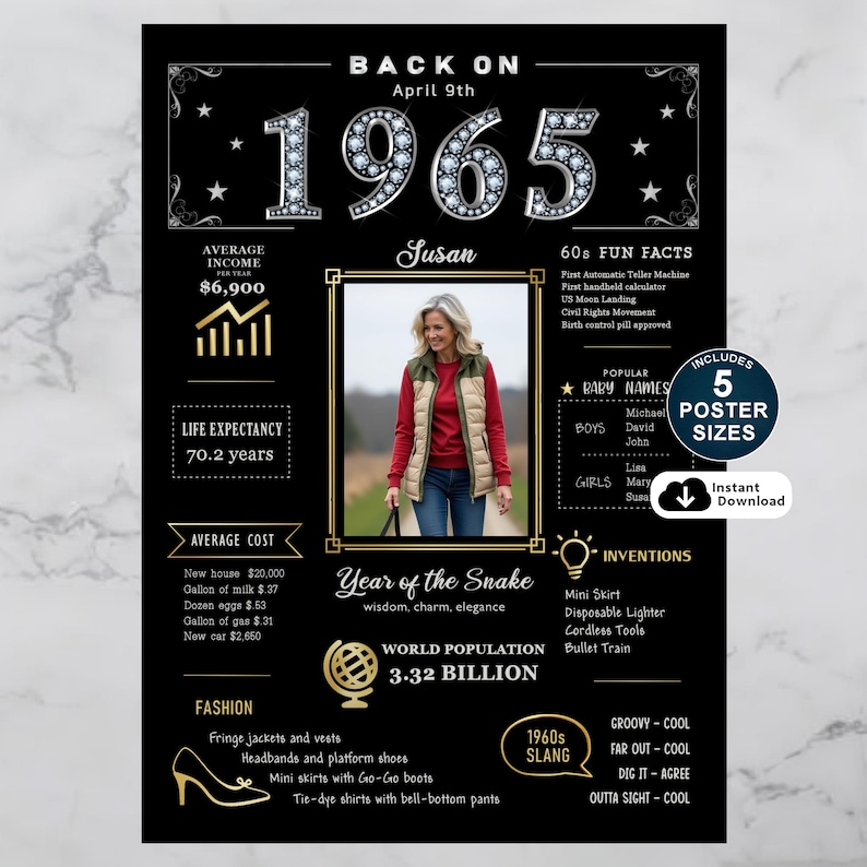Celebrate 1965 with a personalized birthday poster! Packed with fun facts, pop culture, major events, and trends from the year, it’s a nostalgic keepsake made special with their name, birth date, and photo.
