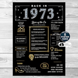 Back In 1973 Poster, Printable 52nd Birthday Sign, Birthday Party Decorations, 1973 Birthday Sign For Him or Her, INSTANT DOWNLOAD