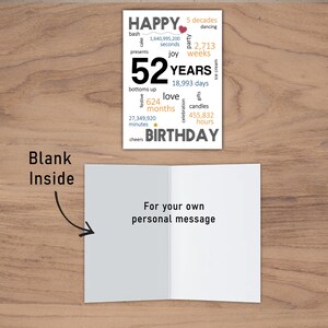 The inside of the 52nd birthday printable card is intentionally blank, allowing you to pen a heartfelt message, adding a personal touch to their 52nd birthday.