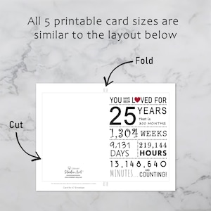 The 25th birthday card template provides clear guidelines for cutting and folding after printing. This consistent layout ensures ease of use across all five sizes.