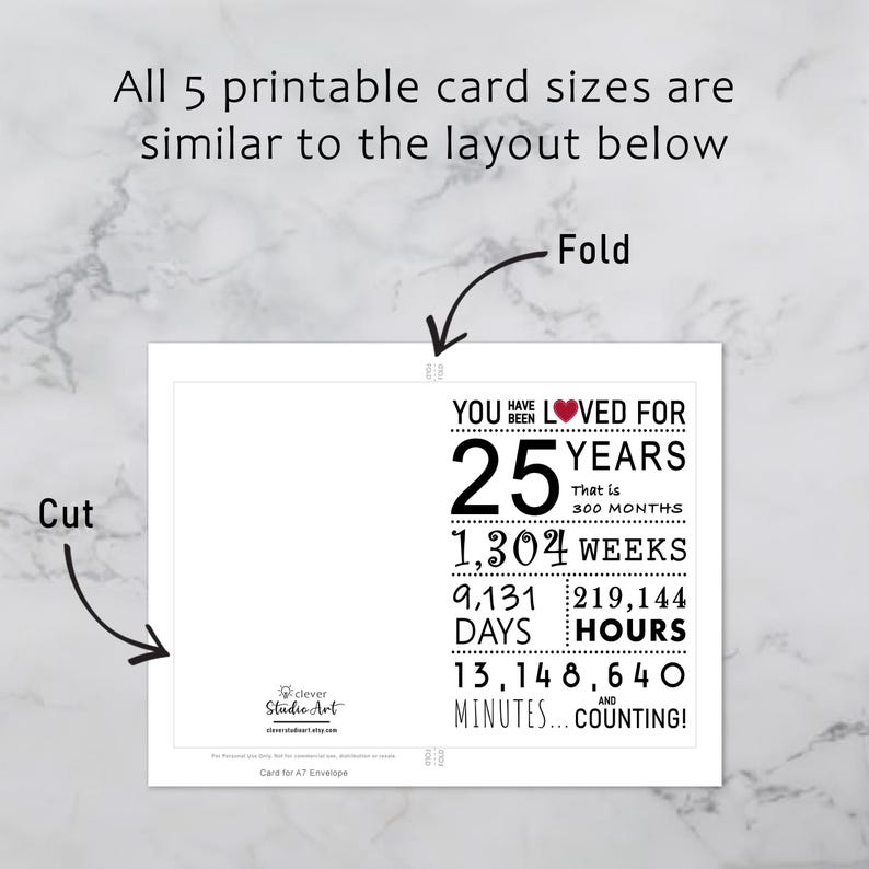 The 25th birthday card template provides clear guidelines for cutting and folding after printing. This consistent layout ensures ease of use across all five sizes.
