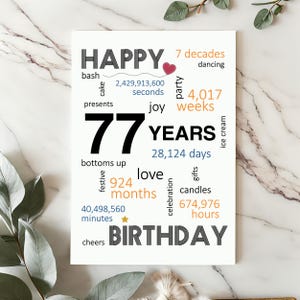 Commemorate their 77th birthday with an enchanting birthday card featuring joyful birthday wishes, including words like dancing, cake, candles, gifts, festive, and a special mention of the precise years, months, days, and hours.