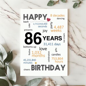 Celebrate their 86th birthday with an enchanting birthday card featuring joyful birthday wishes, including words like dancing, cake, candles, gifts, festive, and a special mention of the precise years, months, days, and hours.