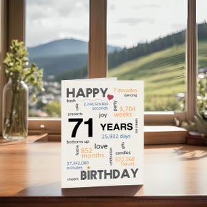 Celebrate a 71st birthday with an enchanting card on a table, set against a beautiful landscape. The birthday card features joyful wishes like dancing, cake, gifts, festive, and a special mention of the exact years, months, days and hours.