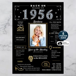 Celebrate 1956 with a personalized birthday poster! Packed with fun facts, pop culture, major events, and trends from the year, it’s a nostalgic keepsake made special with their name, birth date, and photo.