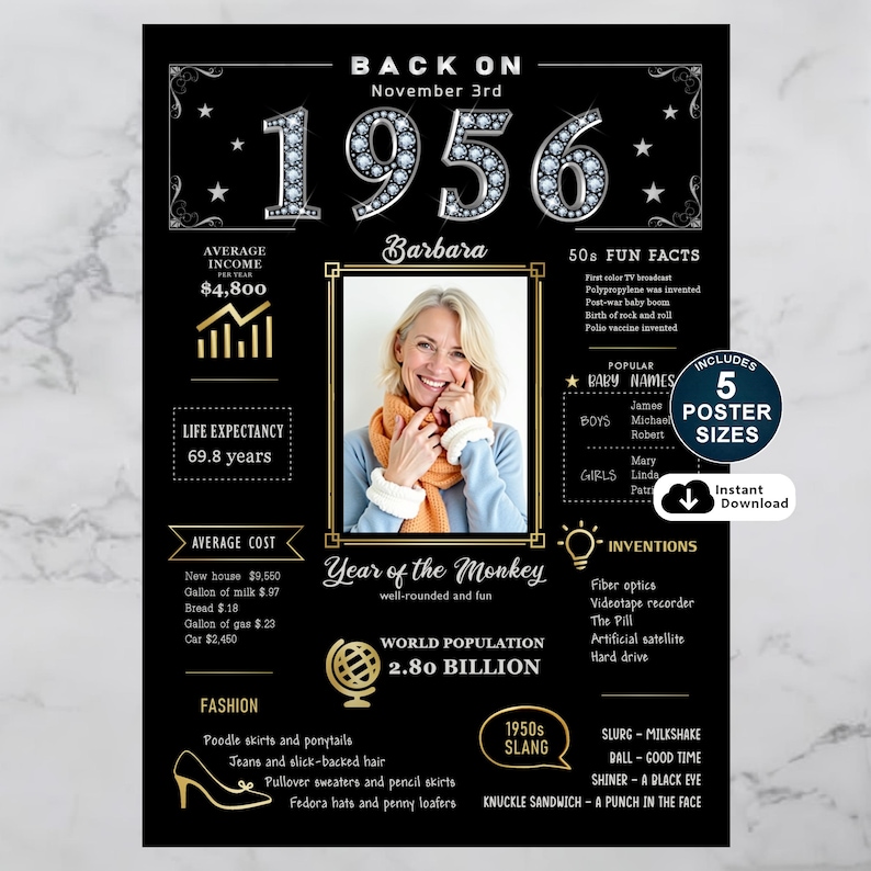 Celebrate 1956 with a personalized birthday poster! Packed with fun facts, pop culture, major events, and trends from the year, it’s a nostalgic keepsake made special with their name, birth date, and photo.