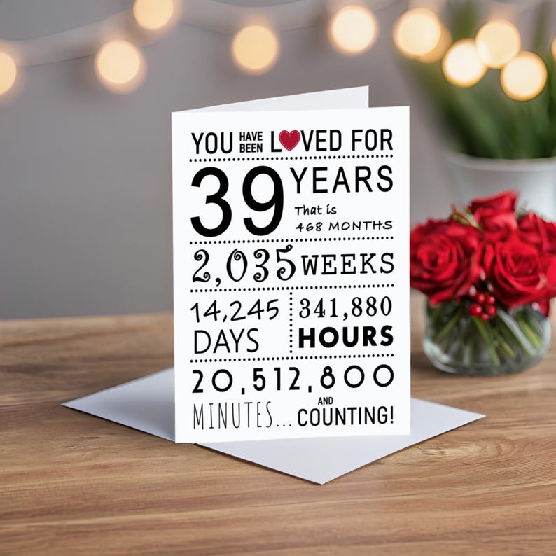 Celebrate their 39th birthday with an enchanting card on a table, set against red roses. The card features 'You have been loved' at the top, along with a special mention of their exact years, months, days, and hours of life.
