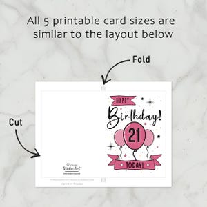 The 21st Birthday Card template includes clear guidelines for cutting and folding after printing. This consistent layout ensures ease of use across all five sizes.