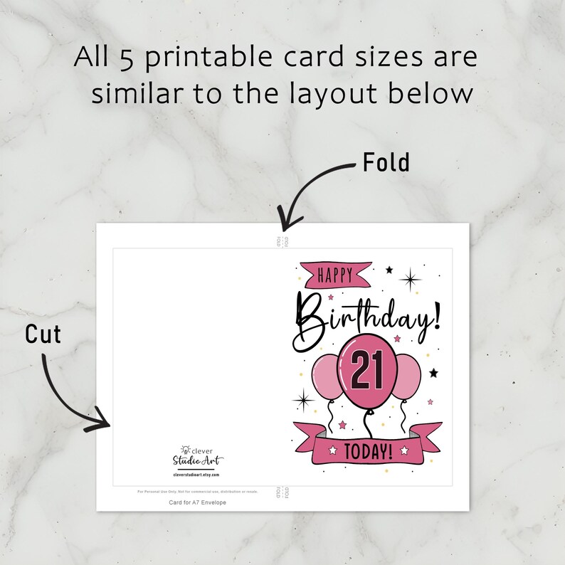 The 21st Birthday Card template includes clear guidelines for cutting and folding after printing. This consistent layout ensures ease of use across all five sizes.