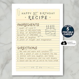 Cartão de aniversário de 37 anos, Cartão para aniversário de 37 anos, Cartão de aniversário de 37 anos para impressão, Cartão de aniversário com receita, Cartão de aniversário para filha, Download instantâneo