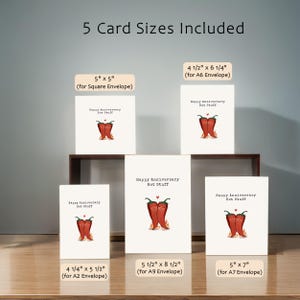 This charming card features 2 cute hot peppers hugging with a flame underneath to symbolize their fiery passion. The message, Happy Anniversary Hot Stuff, adds a romantic vibe. Available in 5 sizes, it's perfect for celebrating your special day!
