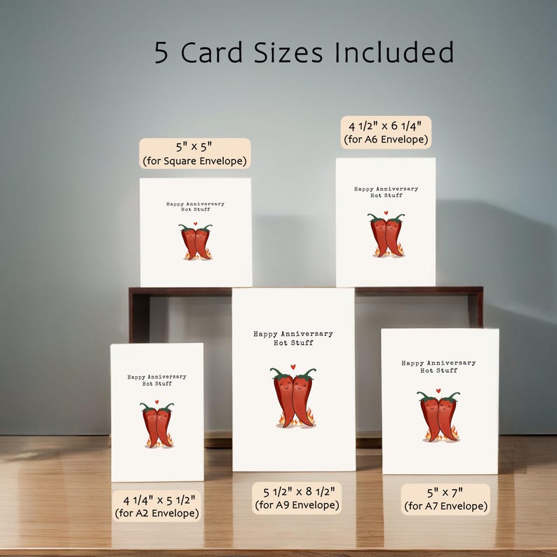 This charming card features 2 cute hot peppers hugging with a flame underneath to symbolize their fiery passion. The message, Happy Anniversary Hot Stuff, adds a romantic vibe. Available in 5 sizes, it's perfect for celebrating your special day!