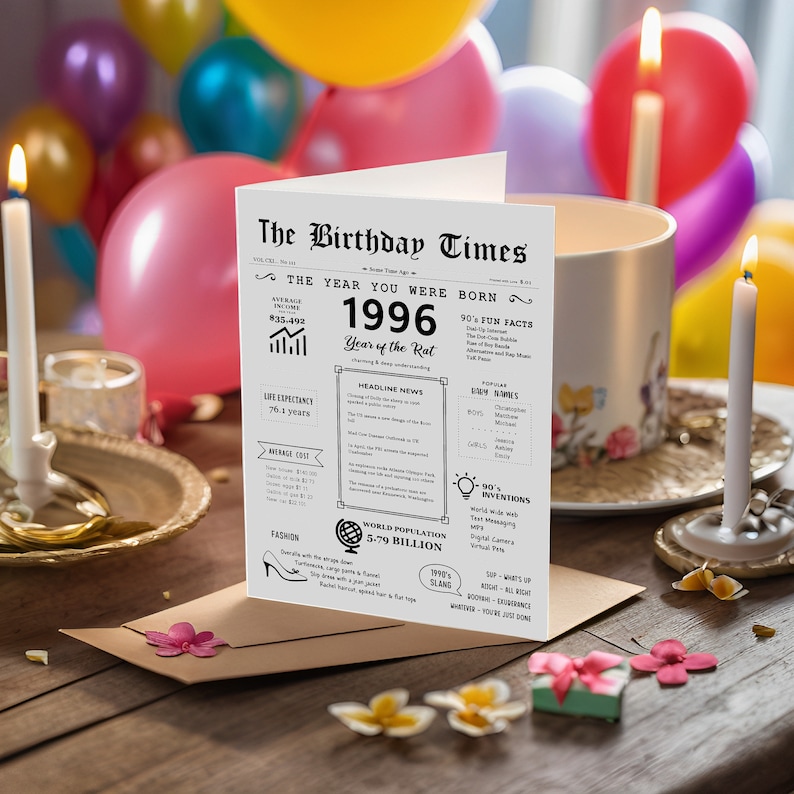 The 1996 birthday card is showcased against a backdrop of vibrant balloons, highlighting news, fashion, slang, fun facts, and inventions from that time.