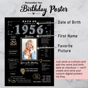 Available in 5 sizes for instant download, our 1956 birthday poster adds retro charm to any celebration or space. Personalize with a name, birth date, and photo for a unique keepsake.